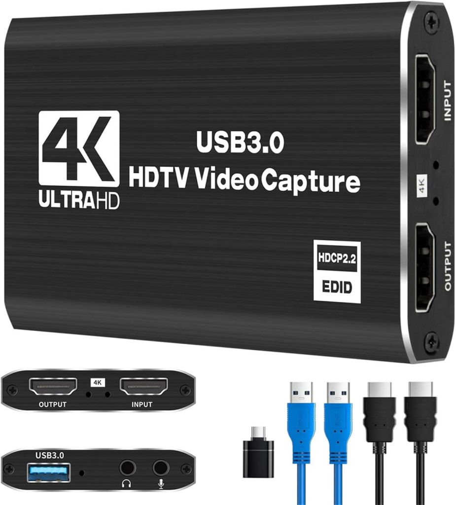 4K Audio Video Capture Card, Full HD 1080P HDMI USB 3.0 Video Capture Device for Game Recording, Live Streaming Broadcasting, Online Teaching