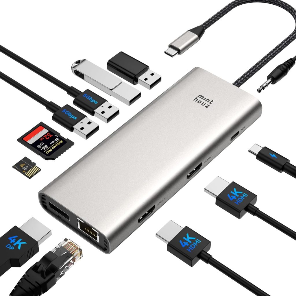 USB C Docking Station Triple Display Monitor for HP Lenovo Dell,Minthouz 12 in 1 Laptop Docking Station with 4K Dual HDMI,4*USB Port,100W PD,1G Ethernet/SD/TF/3.5mm Multiport Adapter (Dual HDMI+DP)