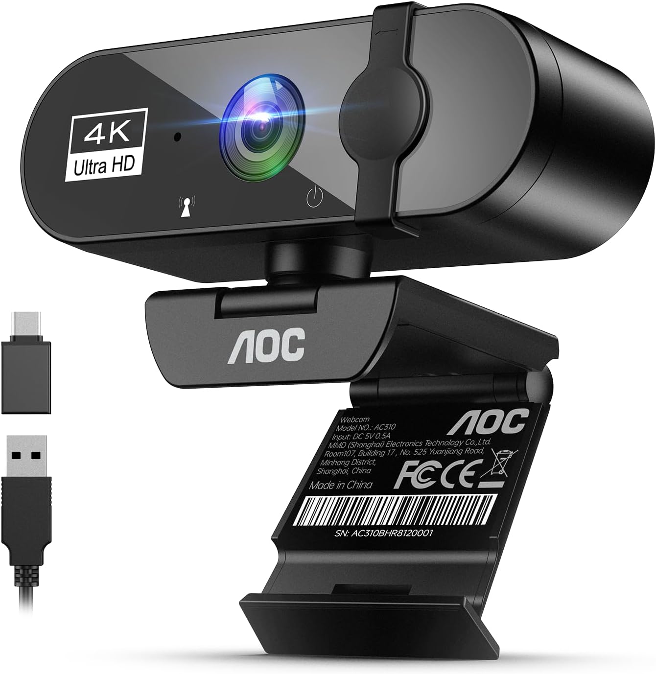 AOC Webcam for PC with Microphone, 4K Webcam Privacy Cover, Plug & Play