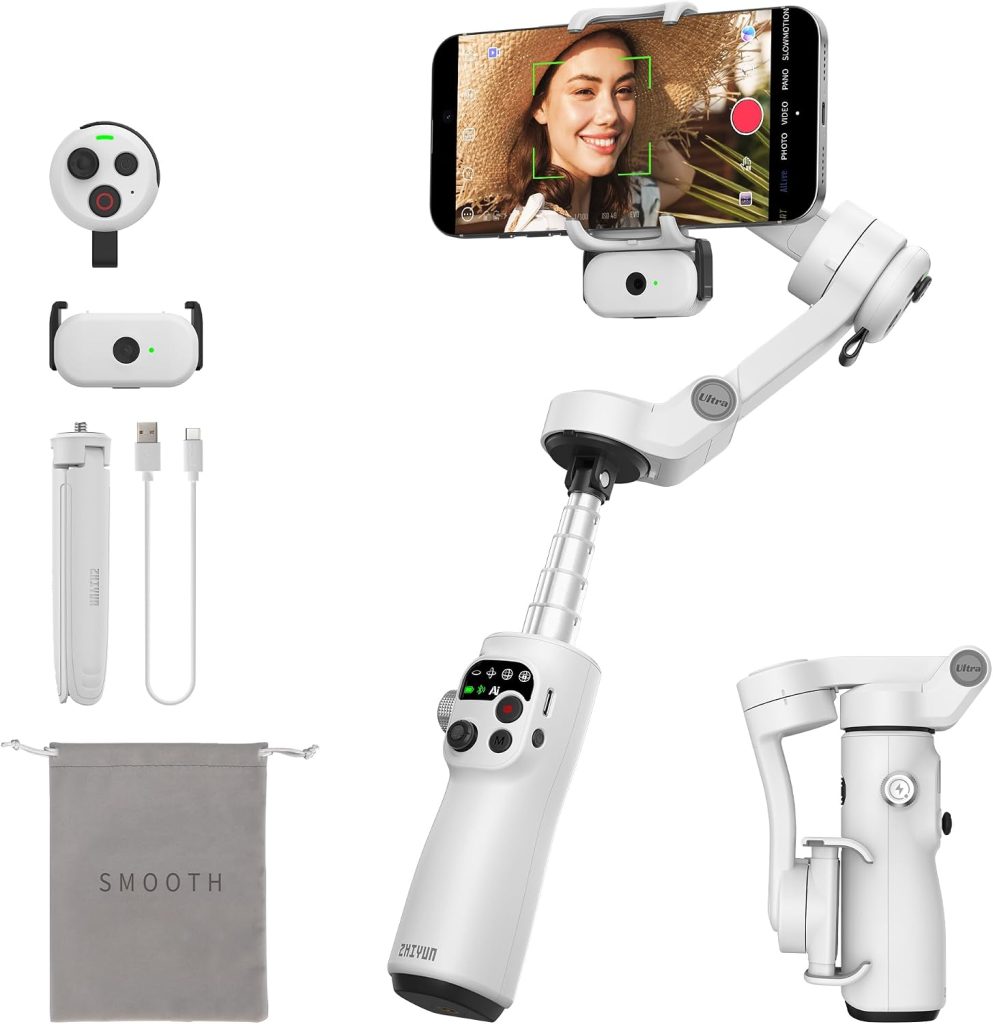 ZHIYUN Smooth Q5 Ultra Combo[Official] Gimbal Stabilizer for Smartphone, AI Tracking, Voice Command, Remote Control, Built-in Fill Light/Extension Rod/Tripod, 13.5h Battery, 3-Axis Phone Gimbal, Volg