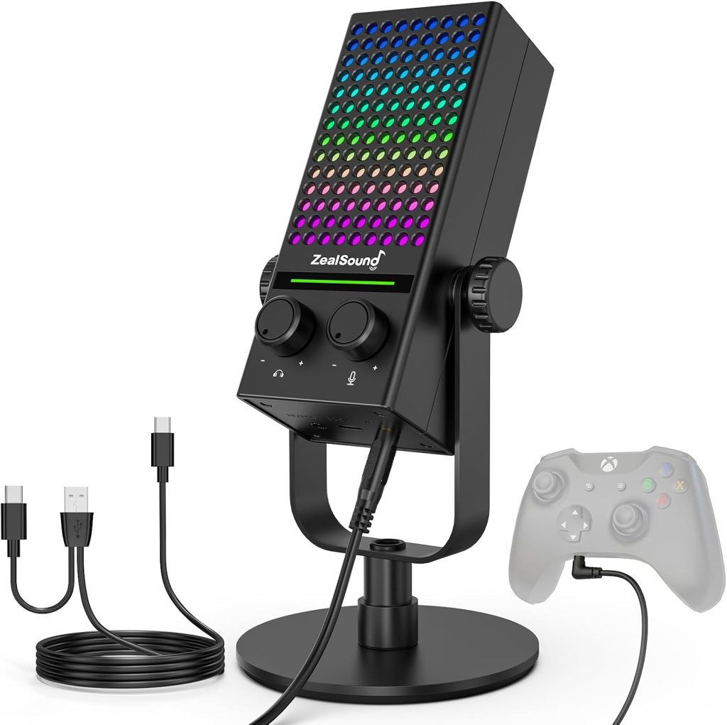 zealsound USB Gaming Microphone for Xbox, PC, Mac, iPhone & Android – Noise Reduction Mic with One-Tap Mute, Gain Control, Real-Time Monitoring & RGB, for Live Stream, Podcast, Discord & Online Class