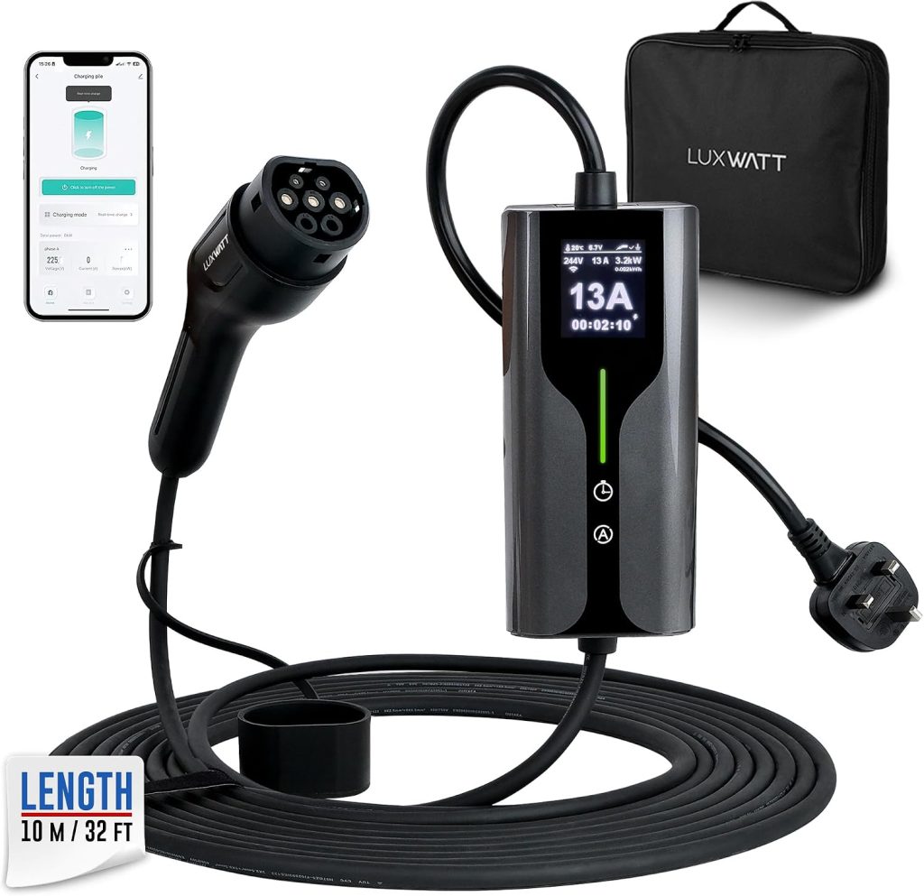 Portable EV Charger, Type 2 to UK 3 Pin Plug, Adjustable 13A 3.5kW, 10m Cable, Smart App, IP66, LCD & Carry Bag – Compatible with Type 2 EVs & PHEVs