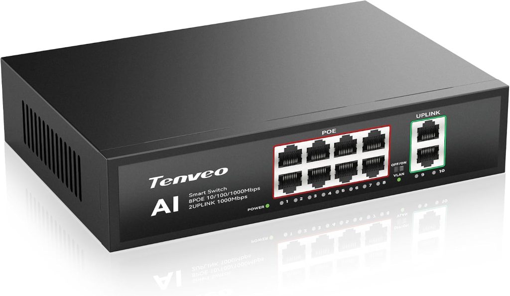 Tenveo 8-Port Full Gigabit PoE Switch, 8 PoE+ Ports @120W, 2 Uplink Ports, Plug & Play, VLAN Support, 802.3af/at 120W Power over Ethernet, AI Smart Network Switch for Live Streaming