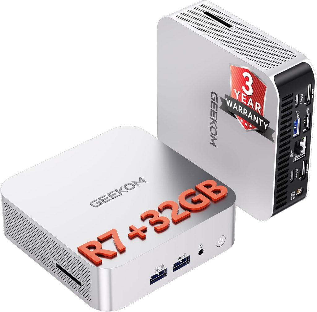 GEEKOM A7 Mini PC, AMD Ryzen 7 7730U, DDR5 32GB RAM & 500GB SSD, Business mini pc, 8K Quad Display, USB4, Dual HDMI, WIFI 6E & BT5.4 for Business/Content Creator/Office/School