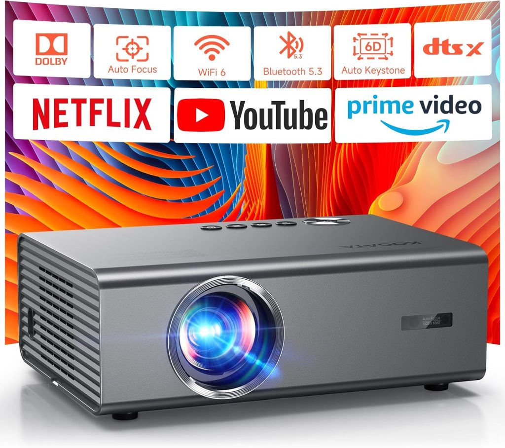 4K Smart Projector for Bedroom | 1500 ANSI, Compatible with Netflix & Dobly Audio | KOGATA AI Auto Focus, 6D Keystone, 100%–50% Zoom, WiFi 6 & Bluetooth 5.4 | Outdoor & Indoor Home Cinema Projectors