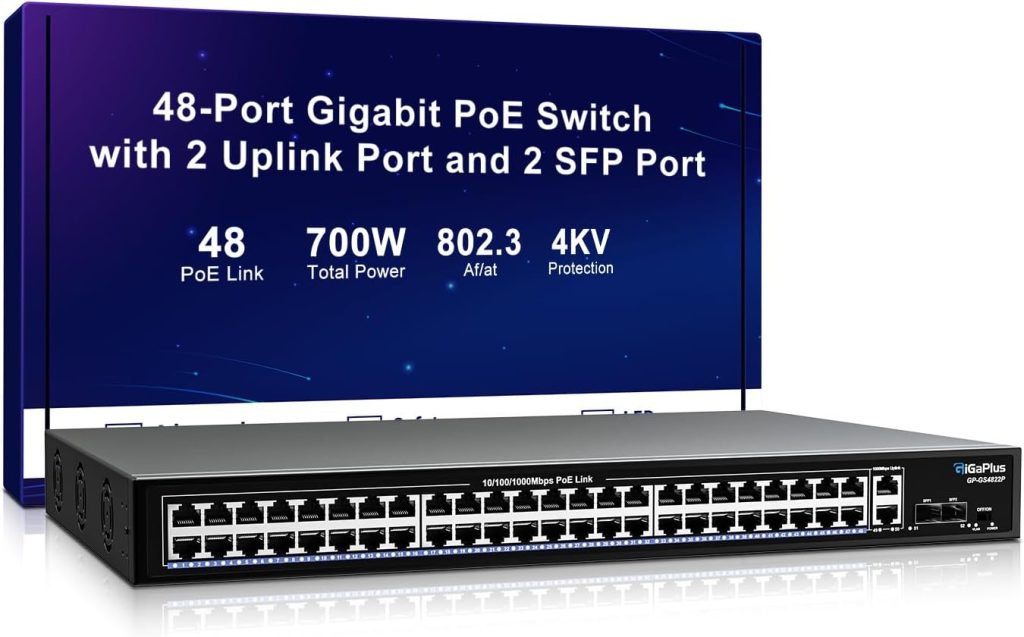 48 Port Gigabit PoE Switch with 2x1000Mbps Uplink, 2x1000Mbps SFP, GiGaPlus 48 Port IEEE802.3af/at PoE @700W, Support VLAN, Metal Housing, Desktop or Wall-Mount, Plug & Play