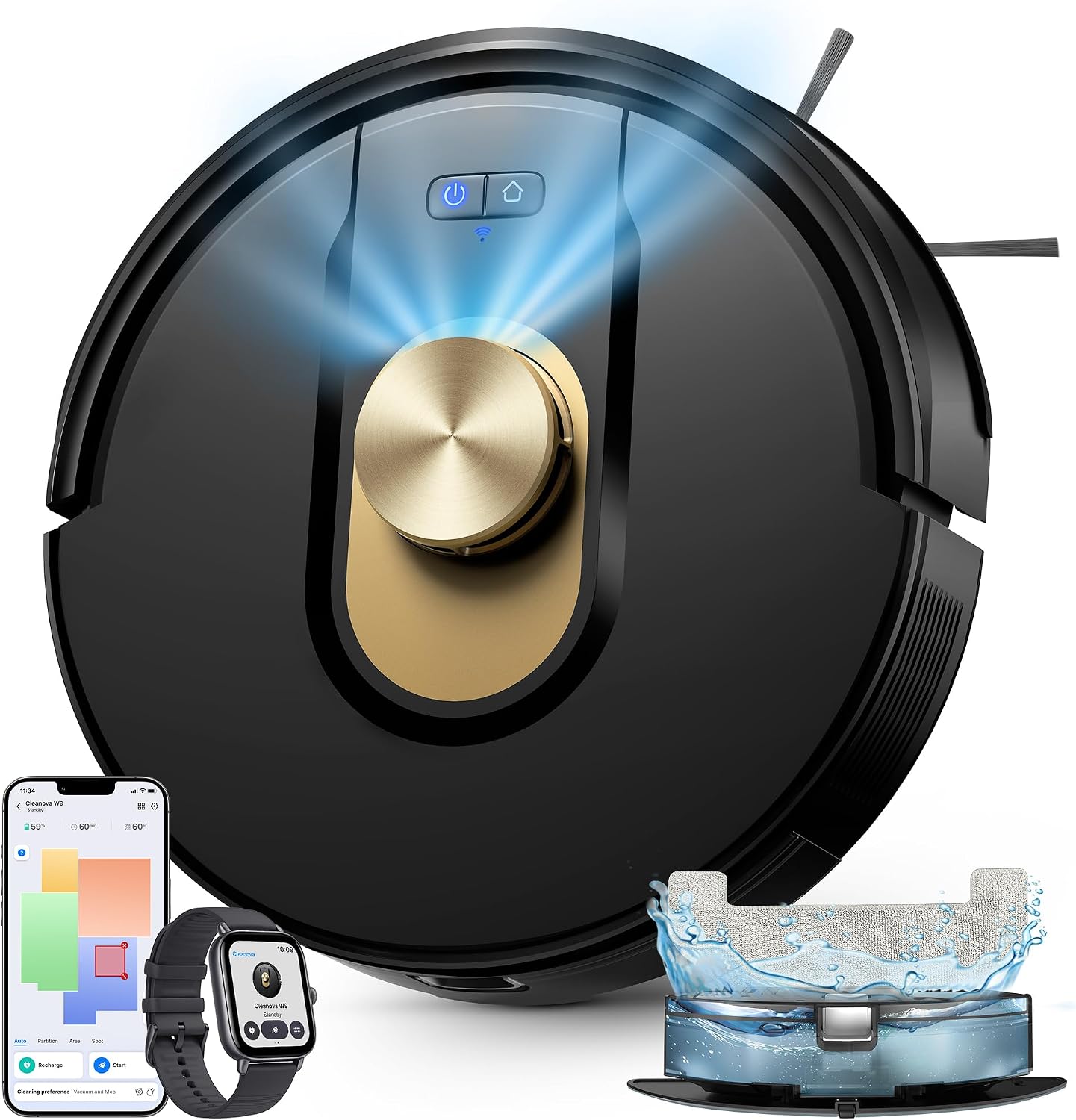Vexilar W9 Robot Vacuum Cleaner with Mop,8000Pa Robotic Vacuum with LiDAR Navigation,15 No-go Zones, 150 Min Max Runtime, App Control, 3-in-1 Sweep and Mop Robot for Pet Hair, Carpet and Hard Floors