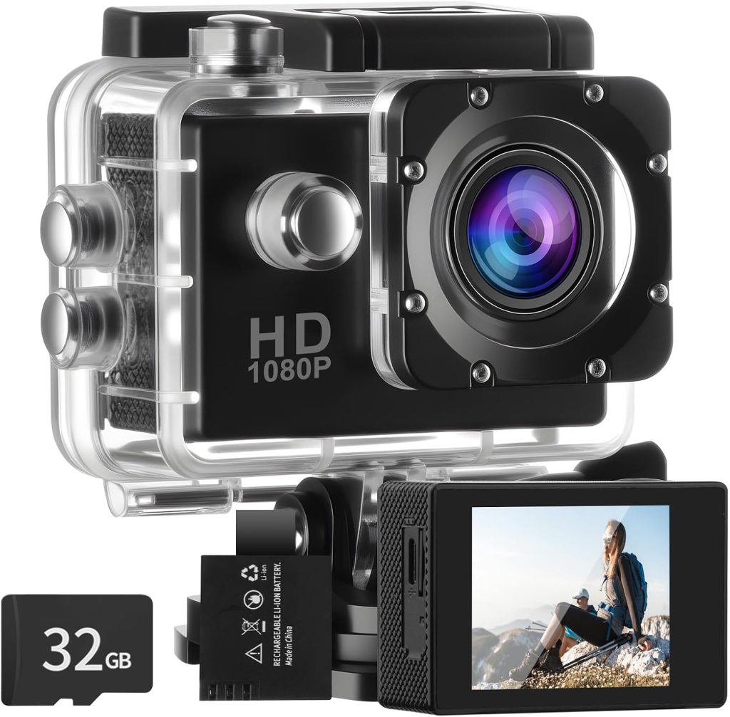 Aolso Action Camera with 32GB microSD Memory Card, 1080P 30FPS 30m Waterproof Underwater Camera, 170° Wide Angle Helmet Camera with Accessories Kit