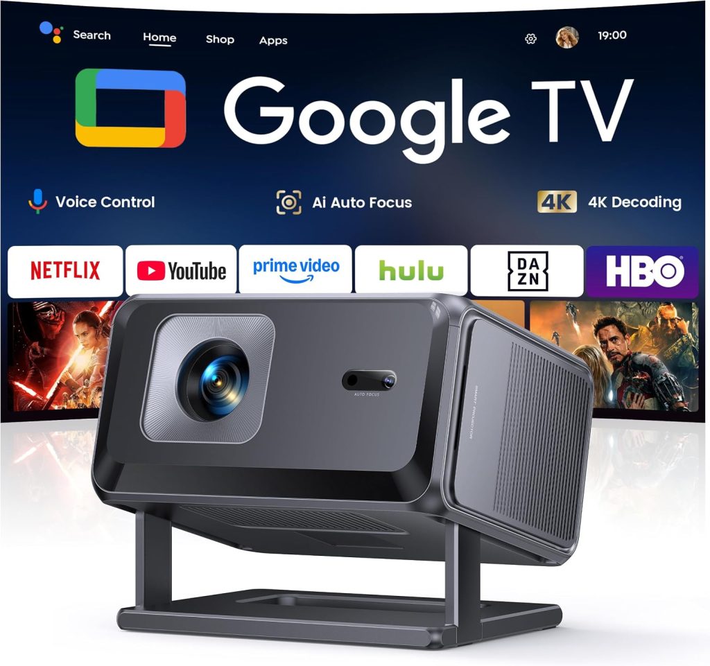 【Built-in Google TV】Smart 4K Projector for Home Cinema, Native 1080P Portable Short-Throw Projector with Apps, Auto Focus & 6D Keystone, WiFi 6 Bluetooth 5.3 Movies Projectors for Bedroom, Outdoor