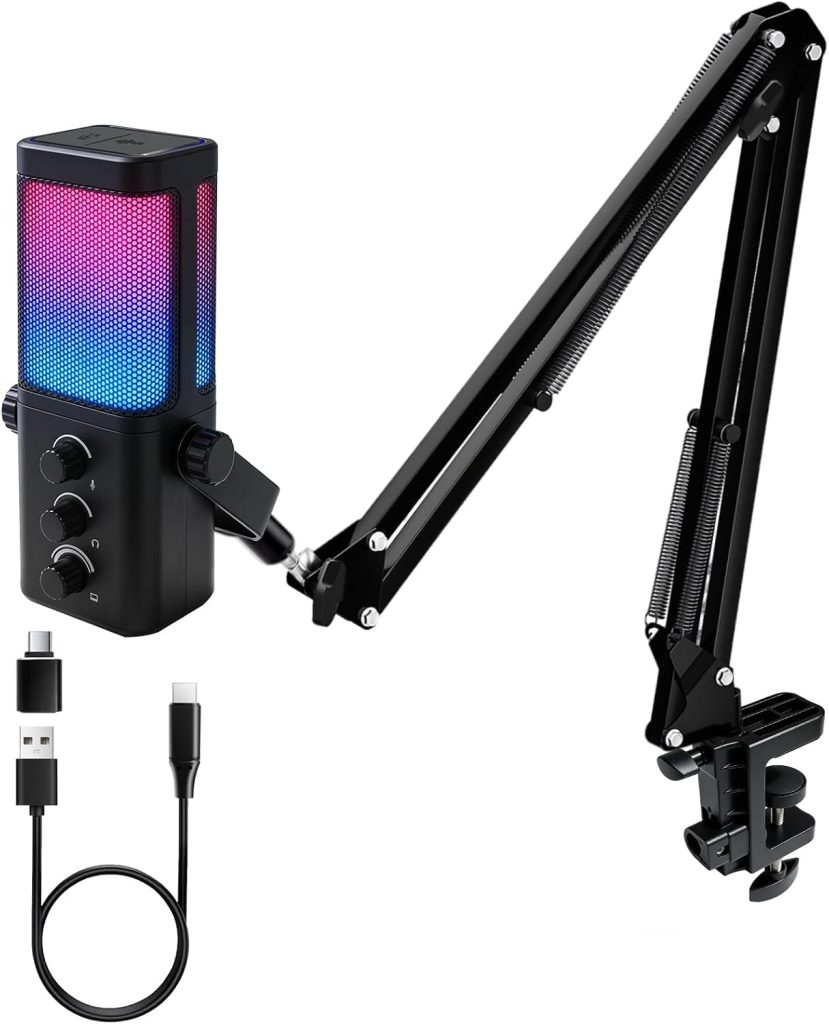 VCOM USB Microphone for PC, Gaming Mic with Boom Arm, 3.5mm Headphone Jack