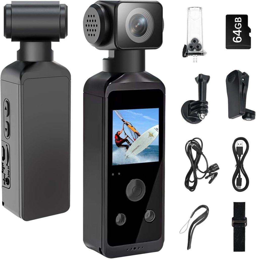 5K HD Body Camera with Audio and Video, Sports Action Camera with 270° Rotatable Lens, Vlogging Camera for Travel, Outdoor Sport, Cycle, Clip and 64GB TF Card Included