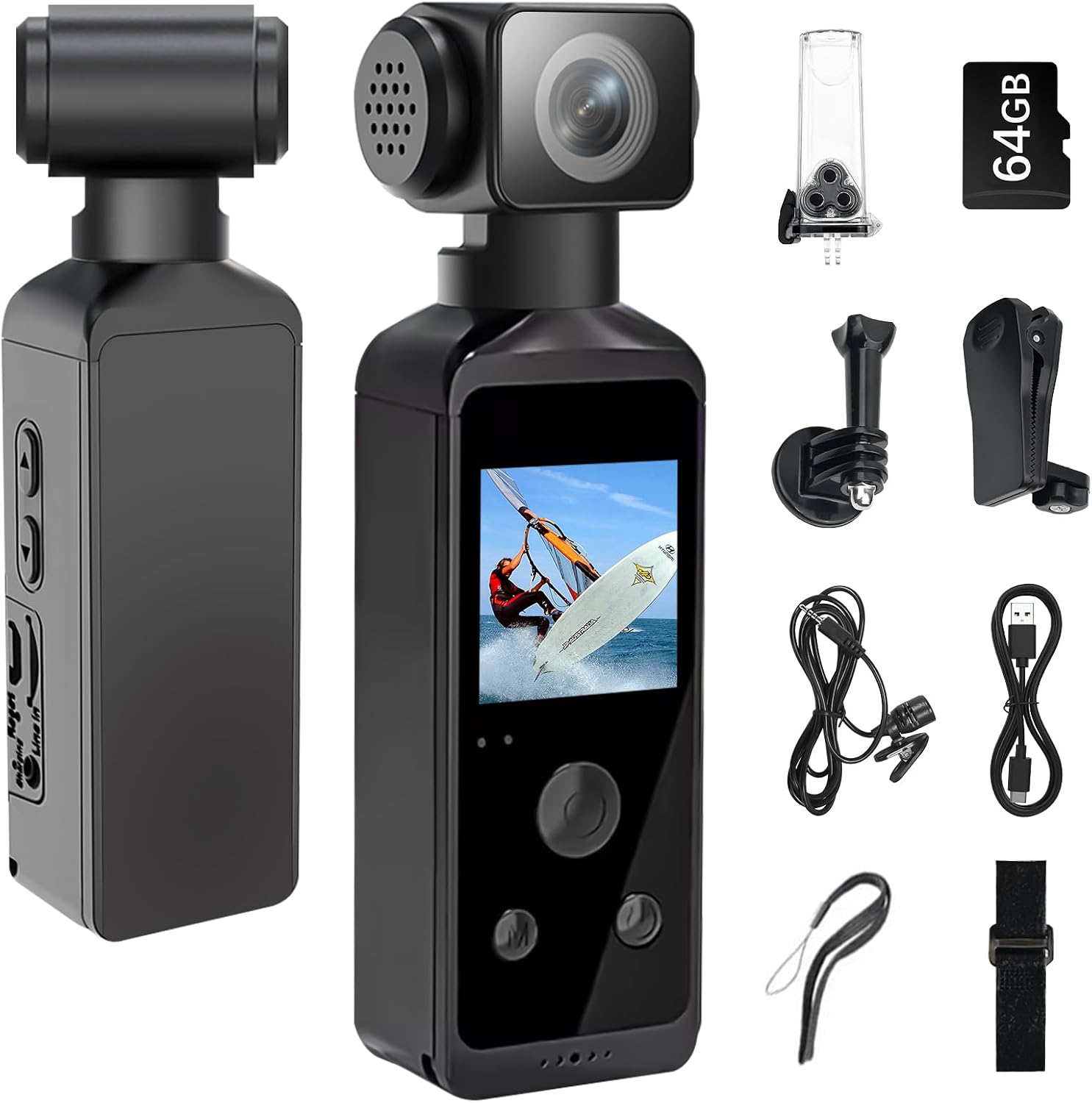 5K HD Body Camera with Audio and Video, Sports Action Camera with 270° Rotatable Lens, Vlogging Camera for Travel, Outdoor Sport, Cycle, Clip and 64GB TF Card Included