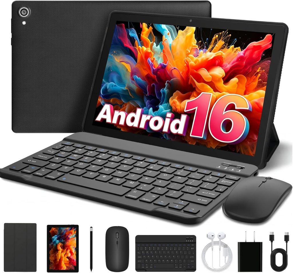 Whitedeer Android 16 Tablet 10 inch, 24GB RAM 1TB TF Android Tablet with Face Unlock, 6000mAh Battery, New Desktop Layout, 5MP+8MP Camera, Preinstalled Apps, WiFi 6, Bluetooth 5.4, Black