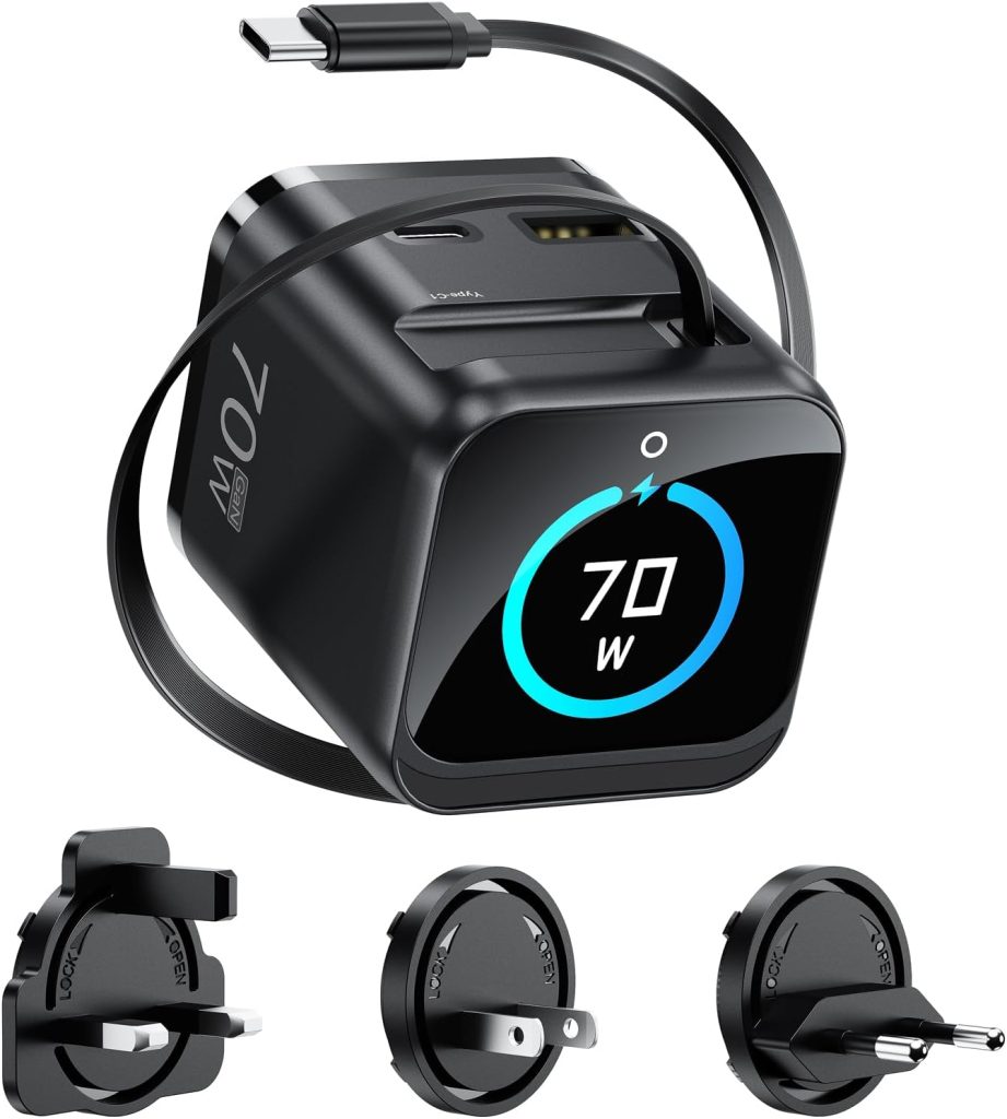 70W USB-C Power Adapter with US/UK/EU Plug, 3-Port GaN, Smart Display