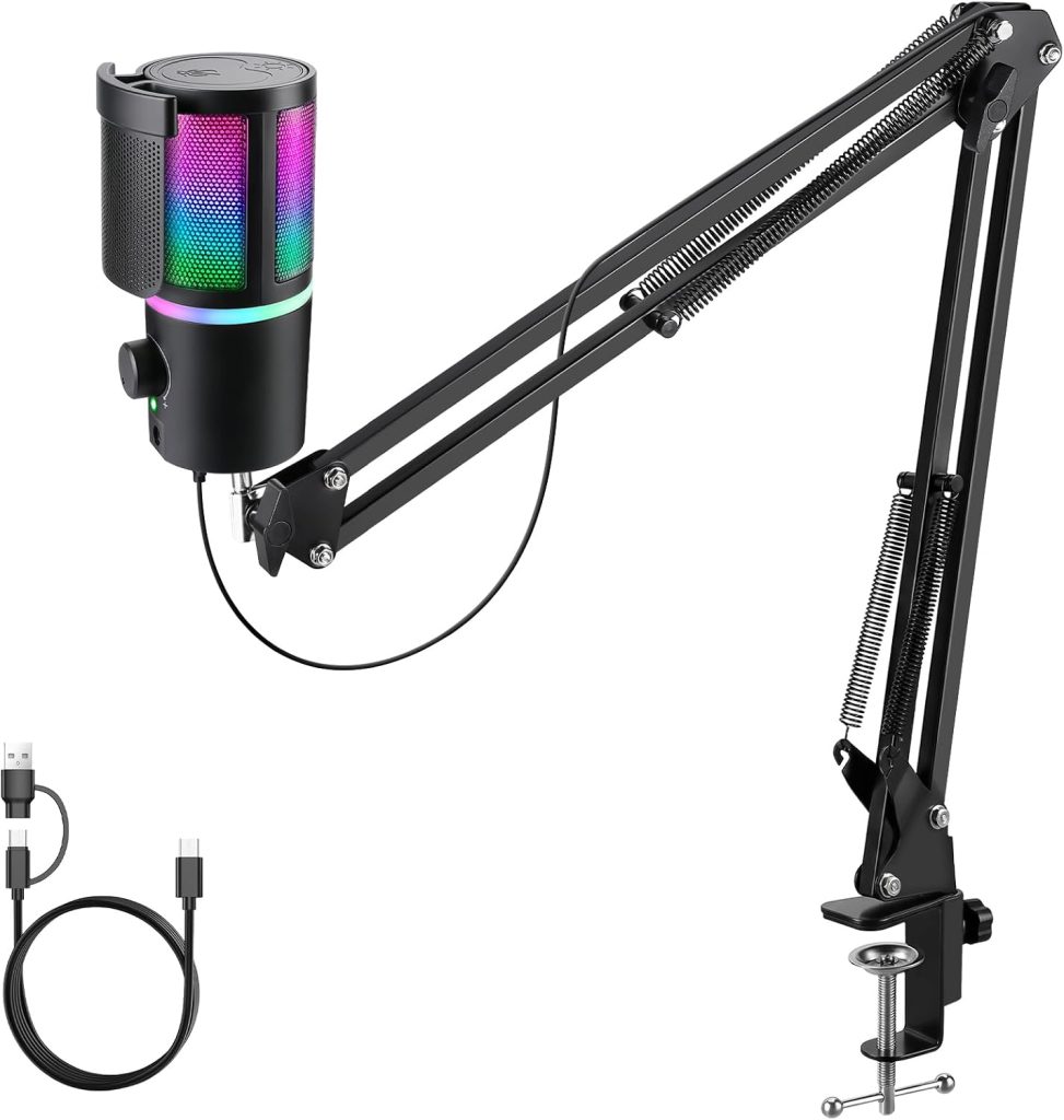 USB PC Gaming Microphone with RGB Light, Mute Button, Volume Control, Echo Function, Headphone Monitoring Jack. Compatible with MAC, Windows, PS4/S5. Microphone with Adjustable Stand
