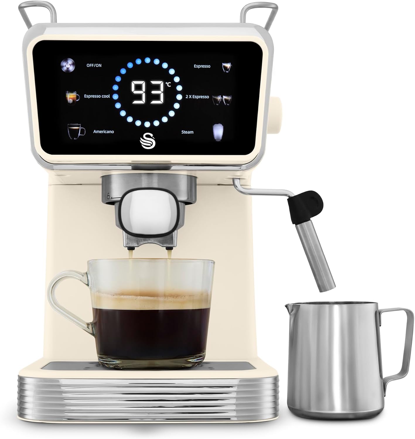 Swan Retro Pump Espresso Coffee Machine, Digital Smart Touch Display, 5 Pre-Sets, 20 Bar Pressure, Milk Frother for Latte and Cappuccino Drinks, 1 & 2-Shot Filters, 1.5 Litre, Cream, SK22113CRM