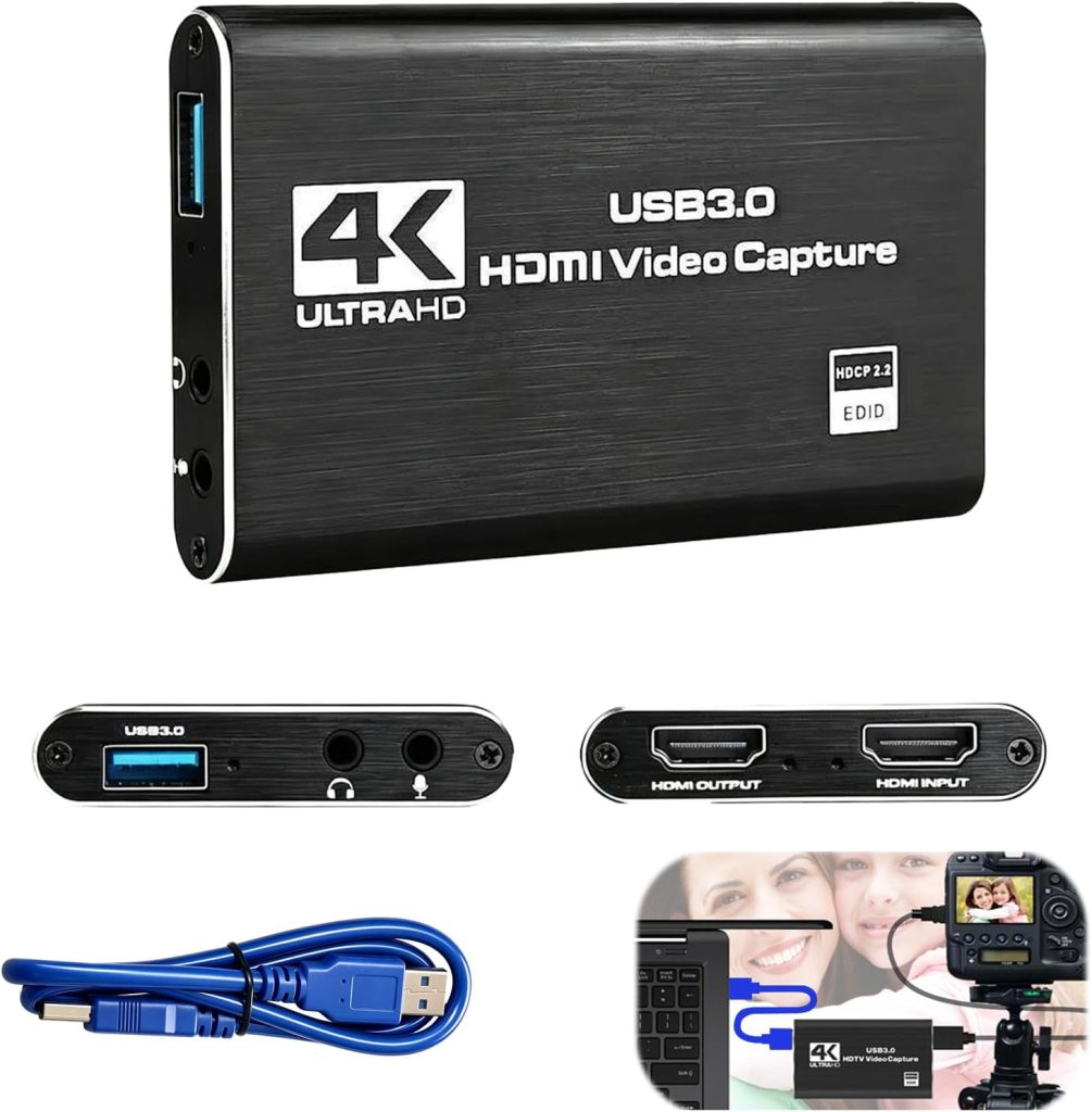 Video Capture Card, for Streaming and Gaming, Compatible with Nintendo Switch and PS5, USB 3.0 HDMI Video Capture Device with 60cm Data Cable, Plug and Play Setup for Content Creators
