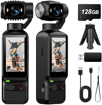 Portable Handheld Action Camera, 2.5K UHD Pocket Camcorder with 1.3" LCD Screen, 180° Rotatable Lens, Fill Light, Loop Recording, for Vlogging Travel Outdoor Sports (Black, 128G)