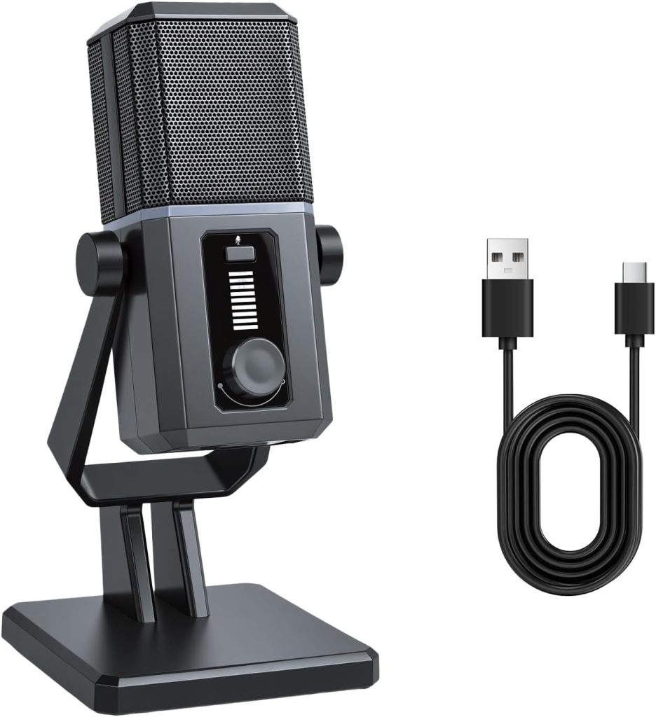 ELUTENG USB Microphone for PC, 14mm Condenser Mic with RGB Lighting & USB to Type-C Cable for Computer and Laptop, Desk Podcast Mic with Quick Mute, Noise Cancellation for Streaming, Singing, Podcast