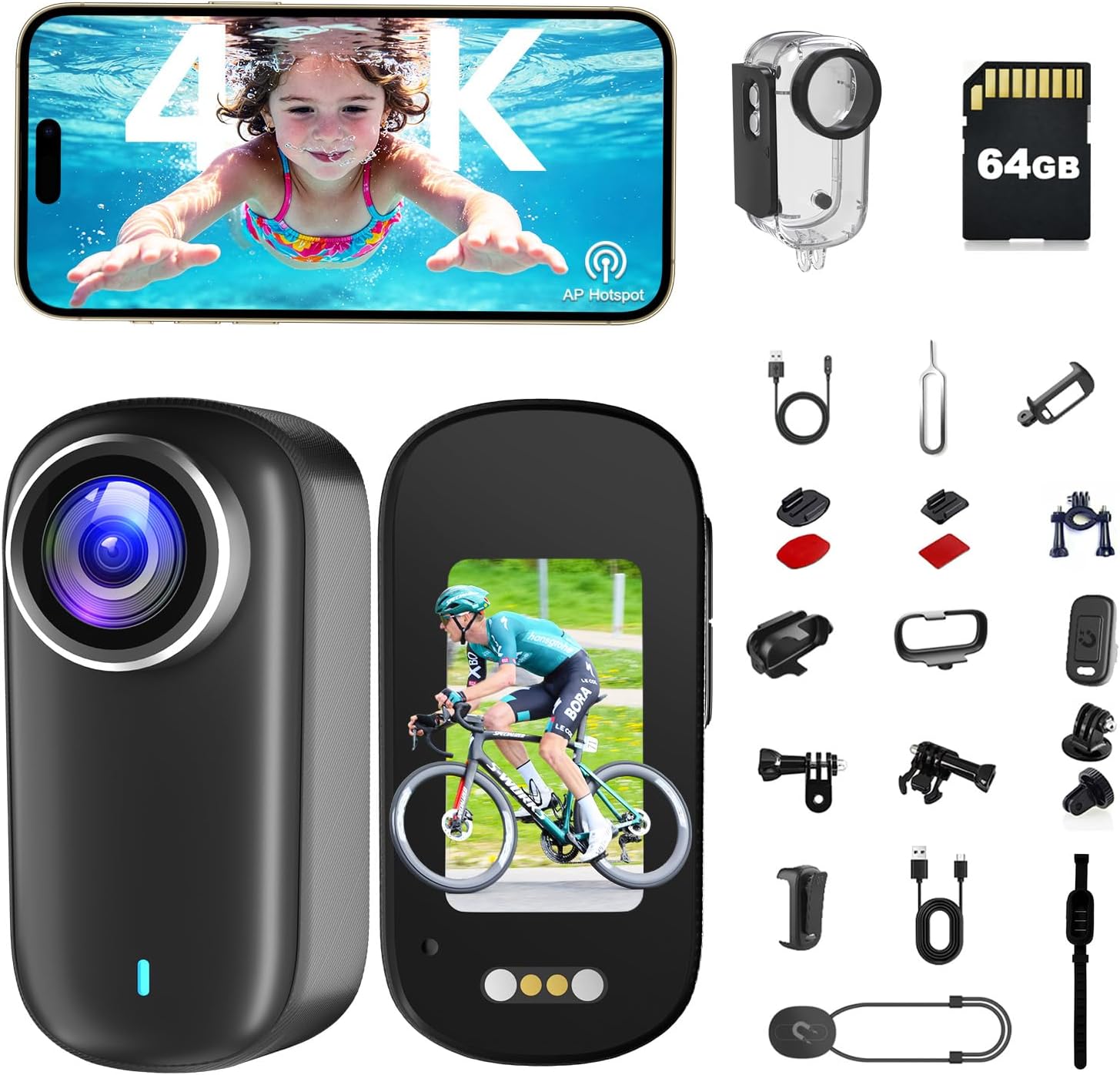 Body Camera, Action POV Camera 4K, Thumb Camera 64GB(Black)