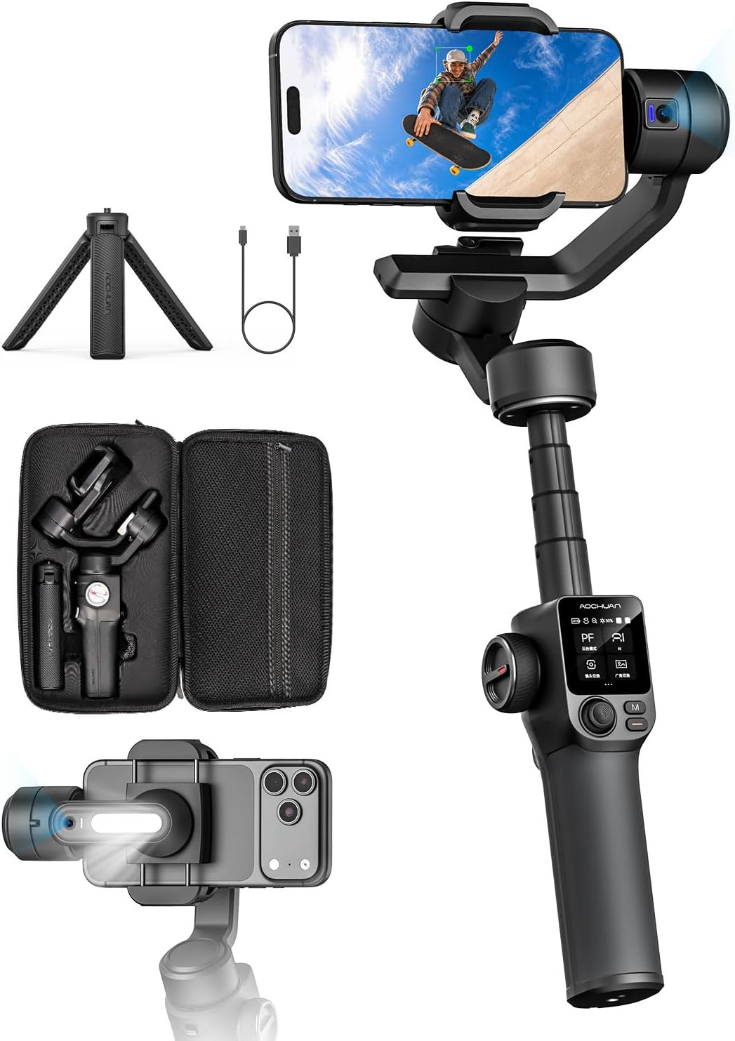 AOCHUAN Smart S3 Gimbal Stabilizer for iPhone & Android, Dual AI Tracking