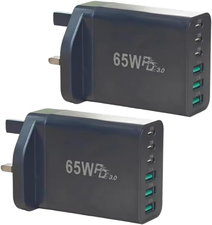 2 Pack 65W Charger Plug, 6 Port Wall Charger with 3 USB-C and 3 USB-A Ports, Fast Charging Adapter Compatible with Macbook Pro/Air Models, iPhone devices, Samsung Galaxy Smartphones - Black UK Plug