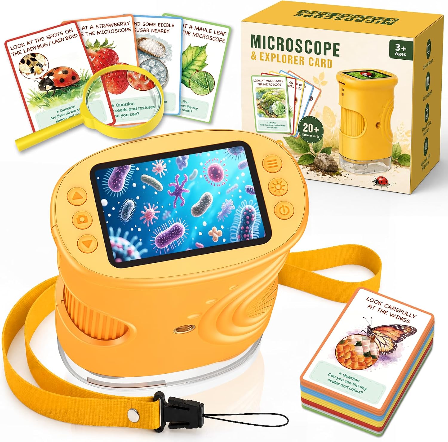 GeschenPark Digital Microscope for Kids with 25 Discovery Cards,Yellow