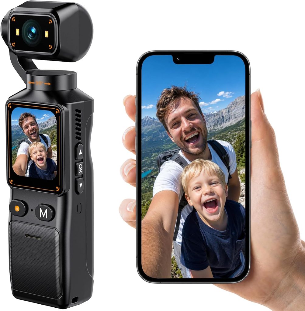 2K Pocket Vlogging Camera, Handheld POV Camera with 360° Rotating Lens, Body Camera with Audio & Video Recording, 2000mAh Battery, 32GB Card, Portable Camcorder for Travel & Daily Vlog Recording