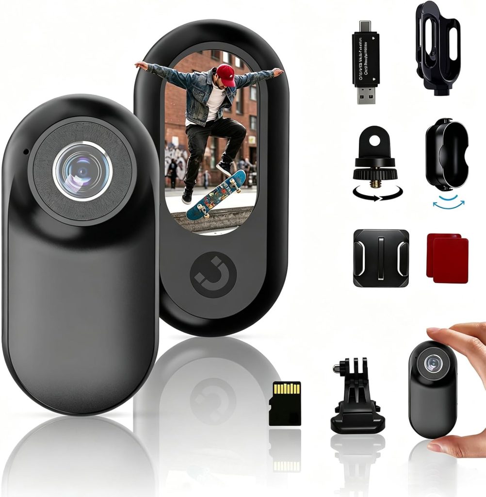 Mini Body Camera 1080P, Mini Action Camera withScreen & 32GB Memory Card, Thumb Pov Camera forCycling, Helmet, Pets & Vlogging