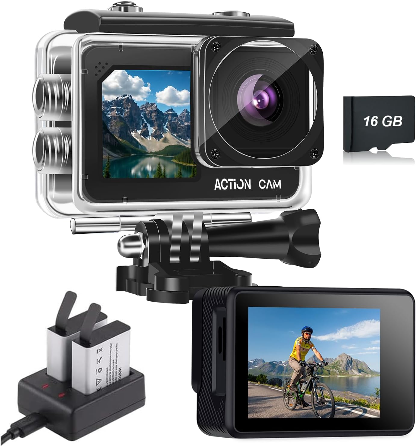 Dual Screen Action Camera, 1080P 16MP Waterproof Camera, Black