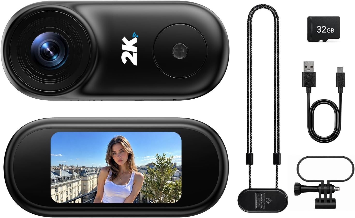 Mini Body Camera, 2K Thumb POV Camera with 32GB SD Card, 1.47‑inch Screen