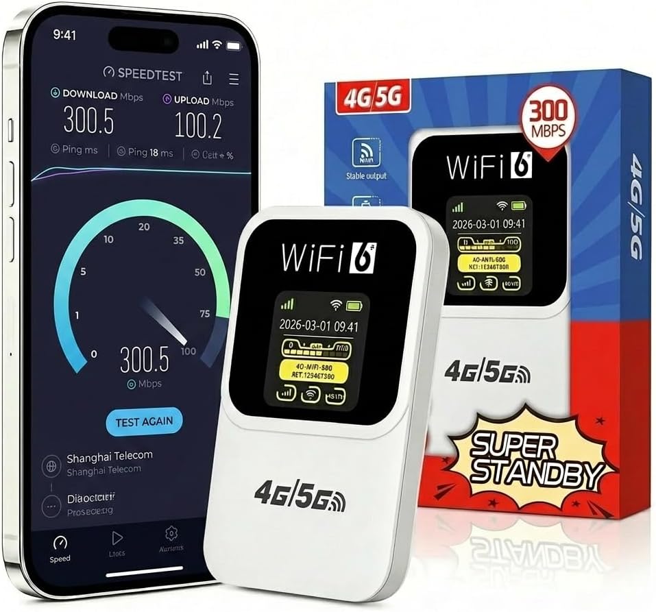 5G Portable WiFi 6 Router, 3000mAh Battery, SIM-Free, Up to 32 Devices