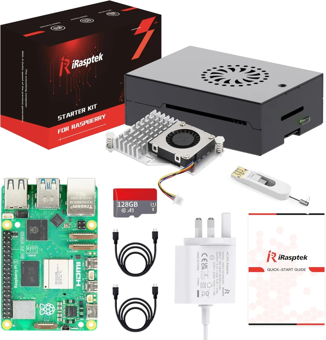 iRasptek Starter Kit for Raspberry Pi 5 (8GB RAM, 128GB OS Pre-Installed, Aluminium Case)